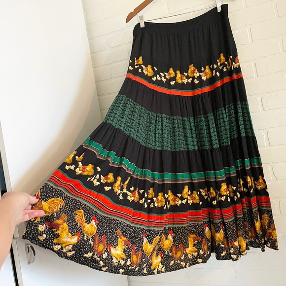 Vintage Carole Little Petites Novelty skirt Hen Chicken Black Kelly green 18 - Picture 1 of 15